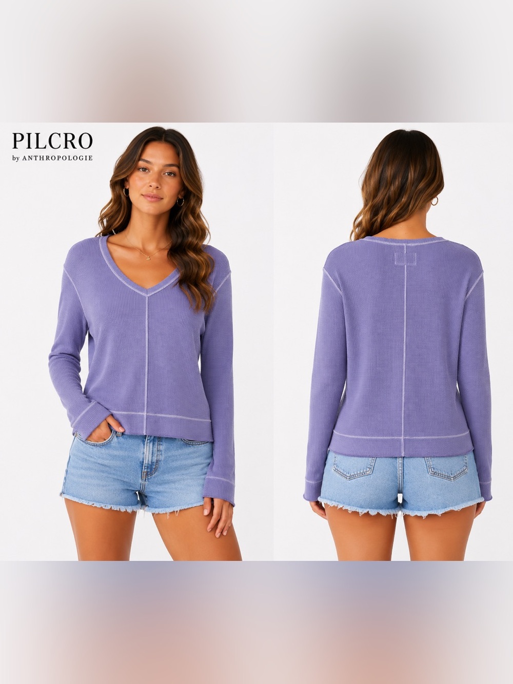 Pilcro Anthropologie Waffle Knit Thermal Top Purple Long Sleeve Women's L